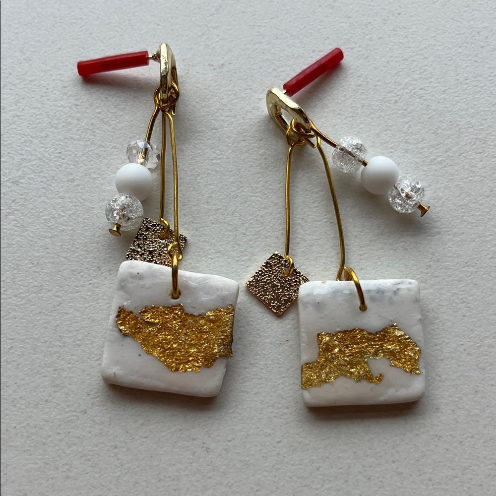 Handmade ClaybGold and White Dangle Earrings